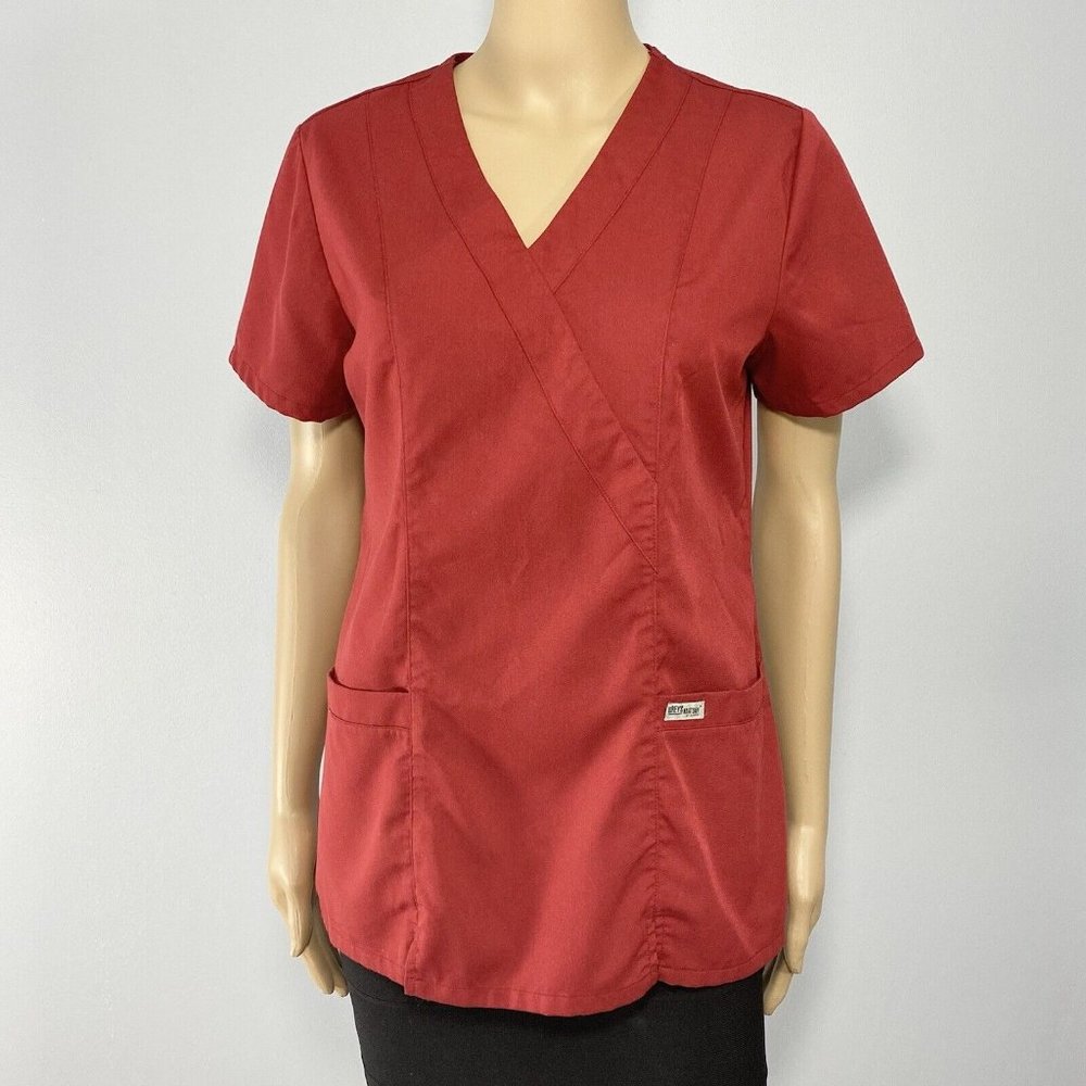 Grey's Anatomy by Barco Medical Scrubs Top Womens Size Small Red V-Neck Pockets